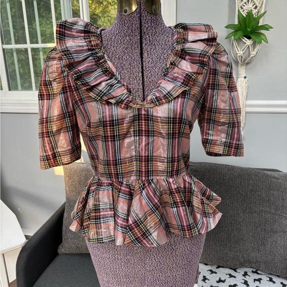 Saylor Ilene Metallic Plaid Peplum Top - Picture 1 of 5